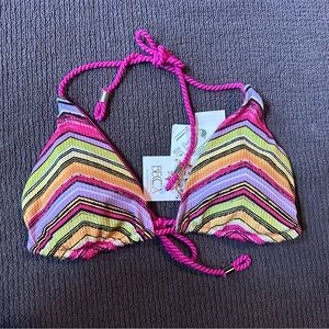 BECCA Neon Stripe Chevron Triangle Bikini Top with Hot Pink Ties Reversible